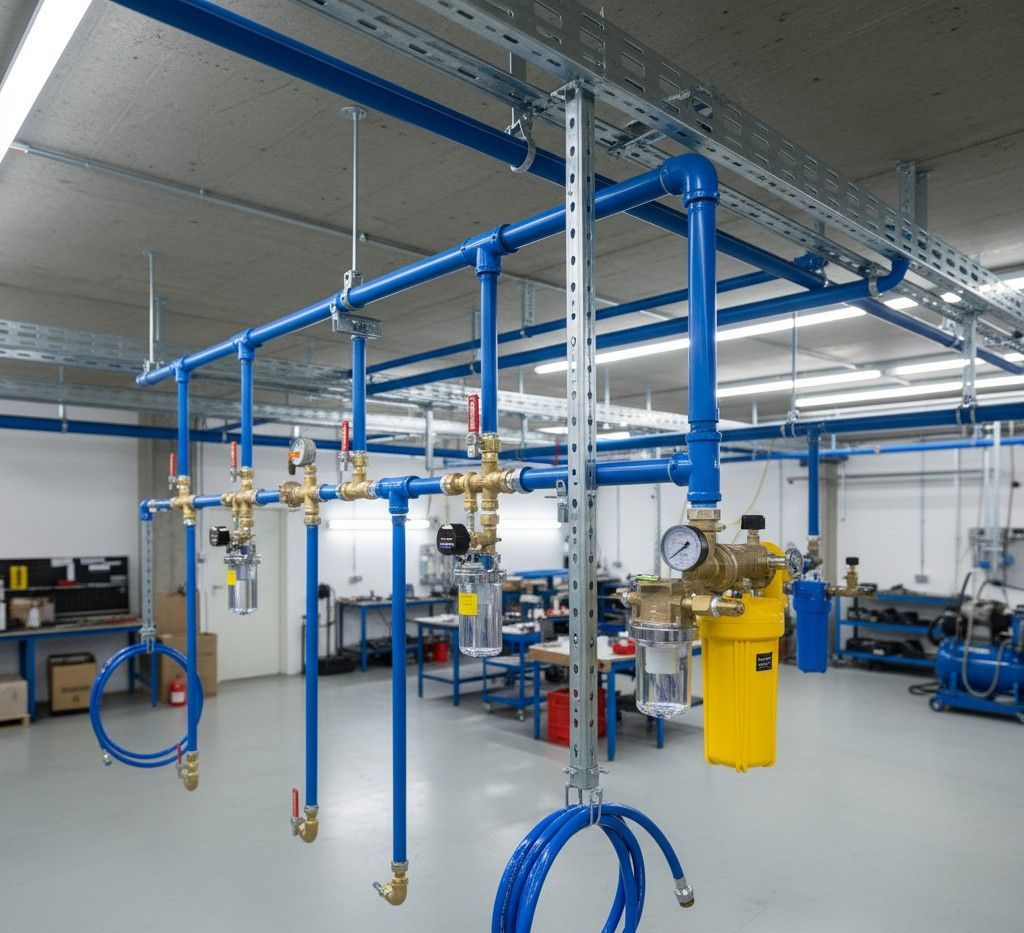 Blaue Luftrohre verlaufen über die Decke einer Werkstatt, daran sind gelbe Filter und Schläuche befestigt.