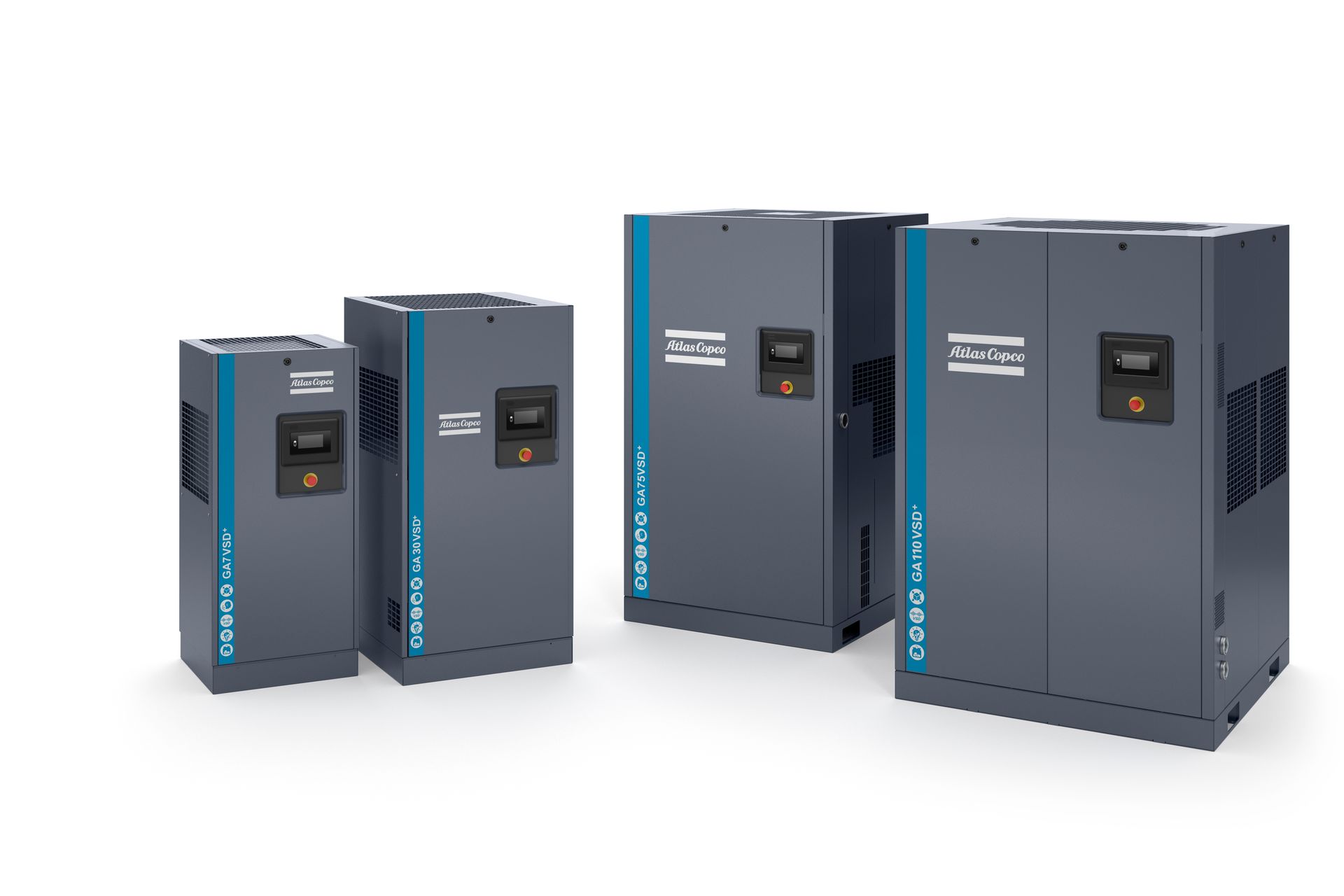Vier dunkelgraue Atlas Copco Kompressoren mit blauen Akzenten in verschiedene Größen.