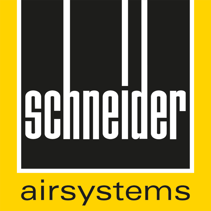 Schneider Airsystems Logo: weiße Schrift auf schwarzem Grund, gelber Hintergrund.