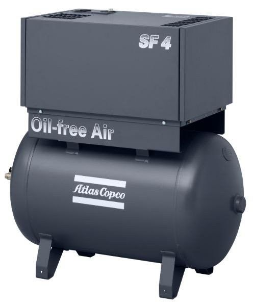 Dunkelgrauer ölfreier Atlas Copco SF4 Luftkompressor mit zylindrischem Tank.