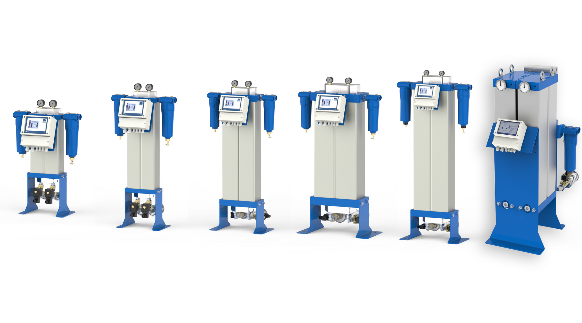 Reihe von Adsorptionstrocknern, blau und weiß, mit Bedienfeldern.