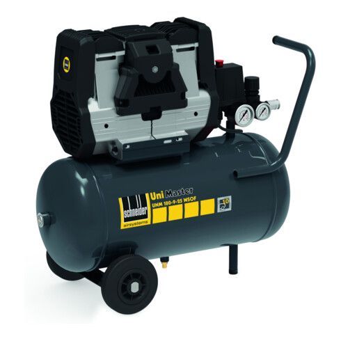 Grauer ölfreier Kompressor mit schwarzem Motor und Griff, auf Rädern.