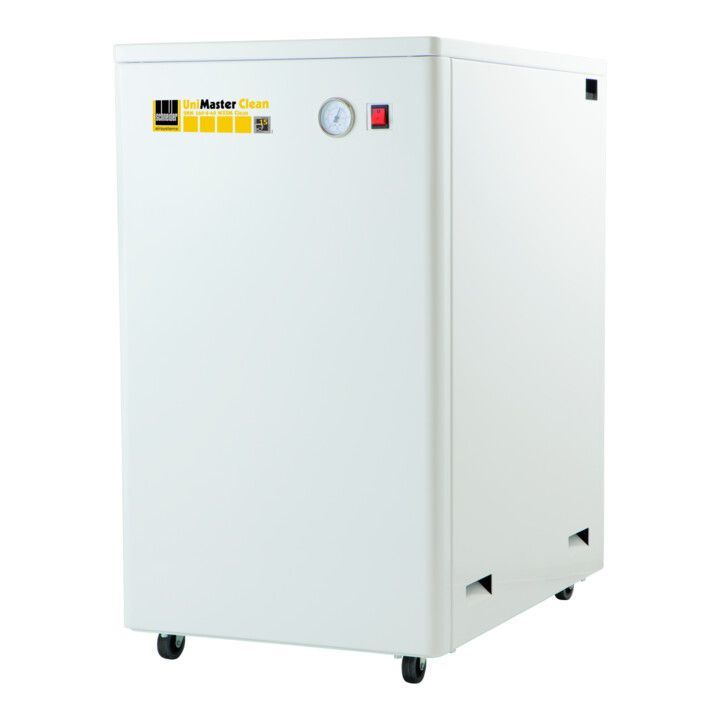 Weißer Dentalkompressor mit Manometern und Netzschalter. Auf Rädern.