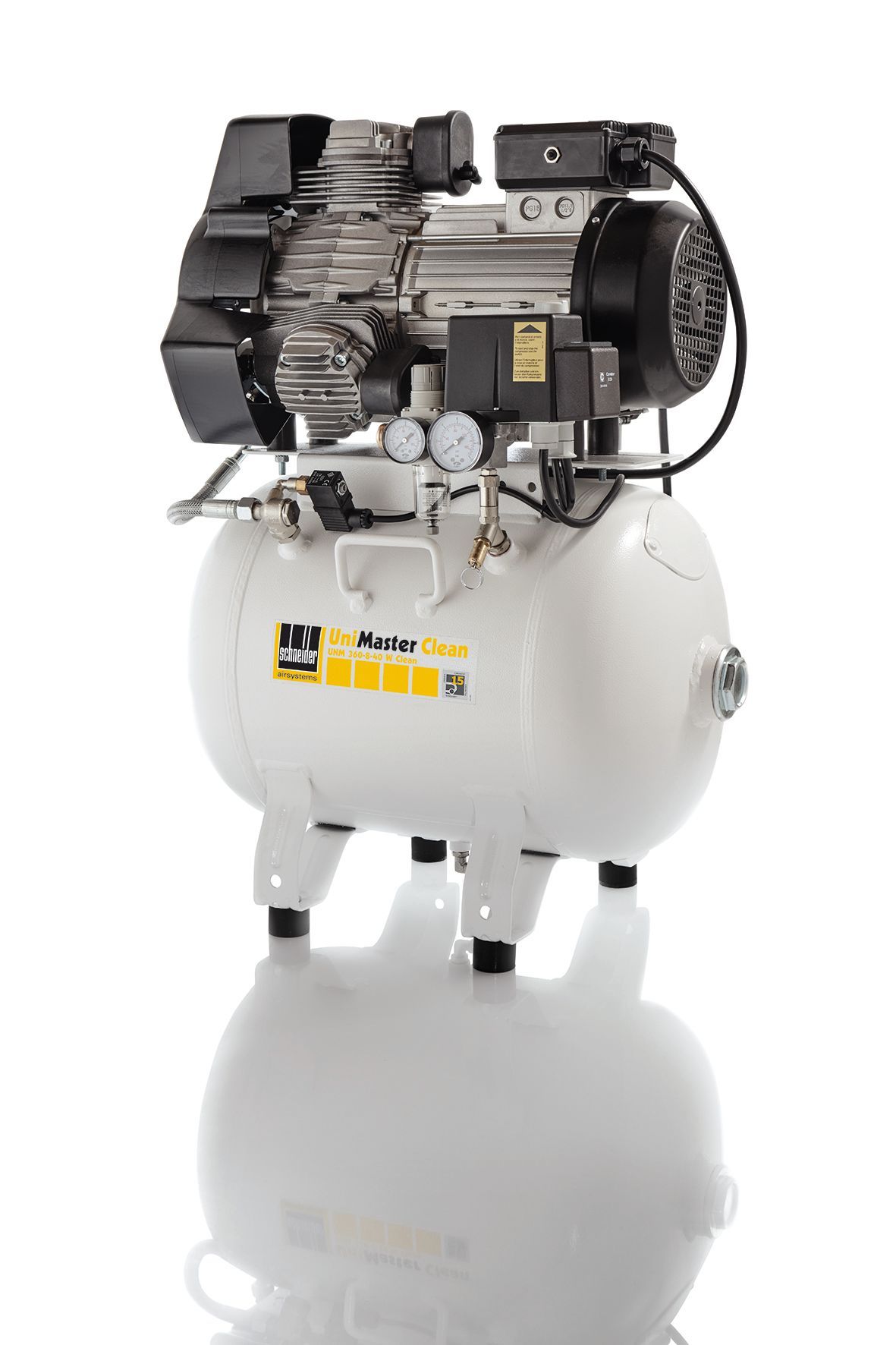 Weißer Dentalkompressor mit schwarzem Motor und Kühlsystem, zwei Manometern, Griff und Beinen.