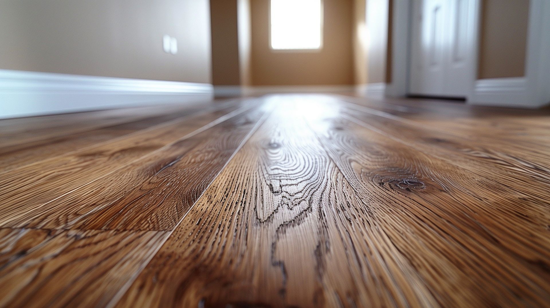 Vue en contre-plongée d'un parquet ensoleillé dans une pièce vide aux murs et portes blancs.