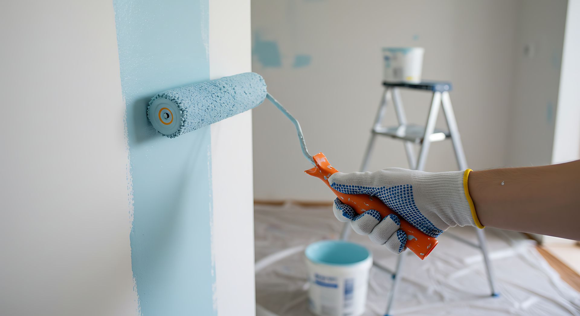 Une personne peint un mur en bleu au rouleau dans une pièce en rénovation.