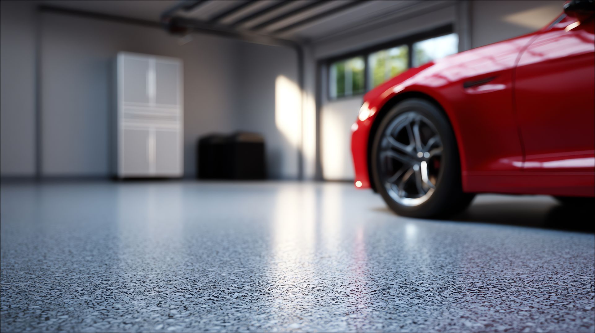 Une voiture rouge garée dans un garage propre au sol brillant et moucheté, avec un réfrigérateur blanc à l'arrière.