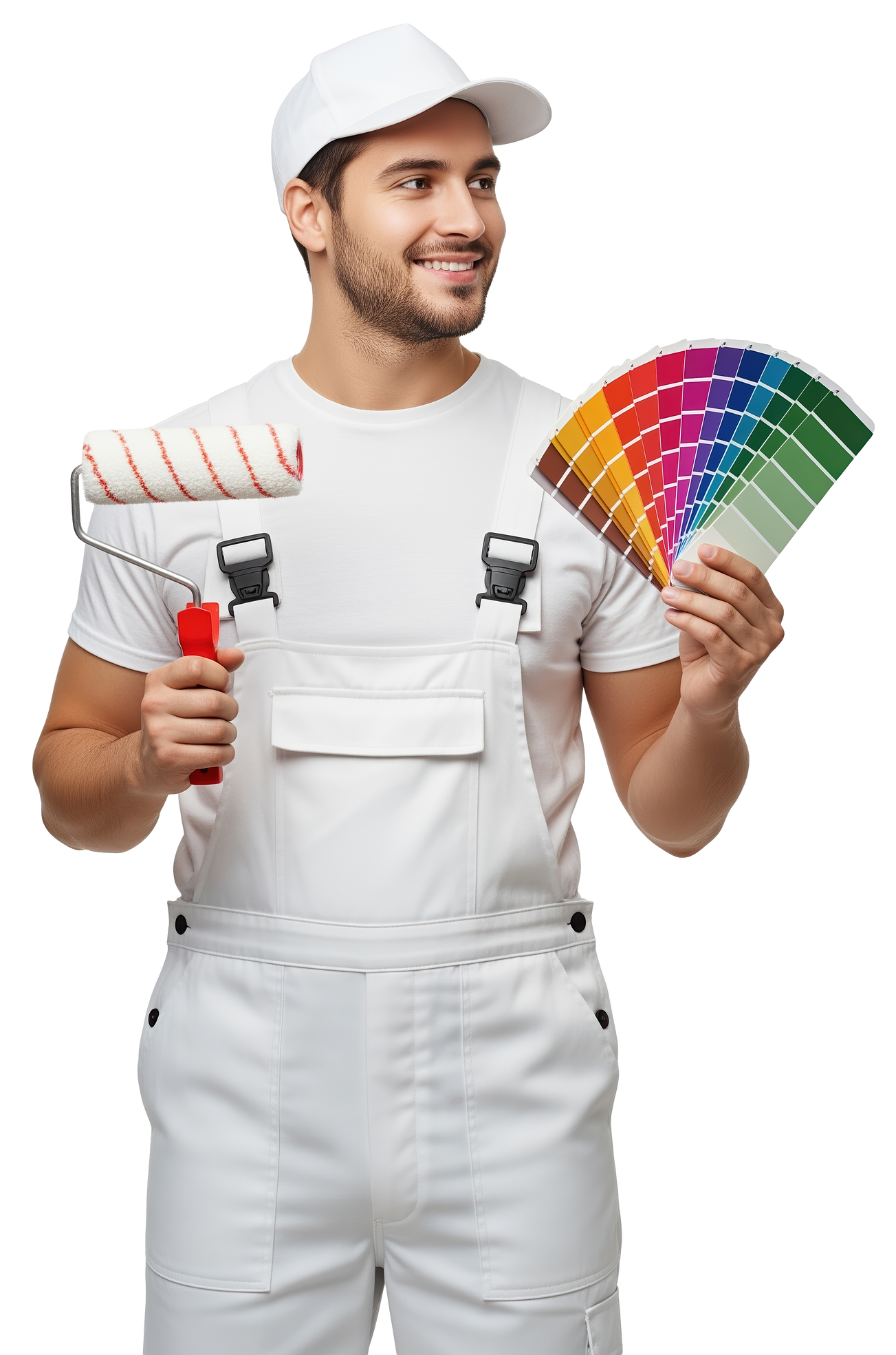Un homme qui tient un nuancier et un rouleau de peinture.