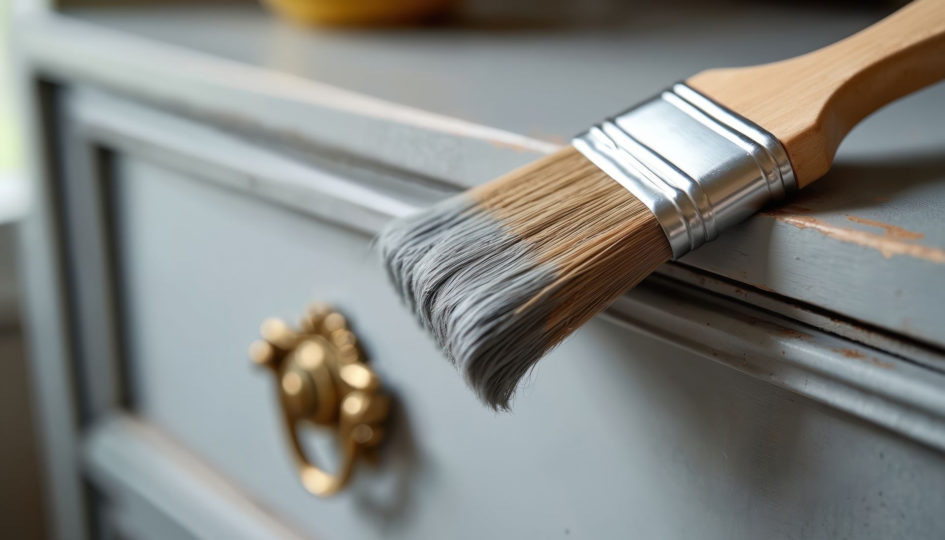 Pinceau appliquant de la peinture grise sur la façade d'un tiroir de commode avec un bouton en laiton.