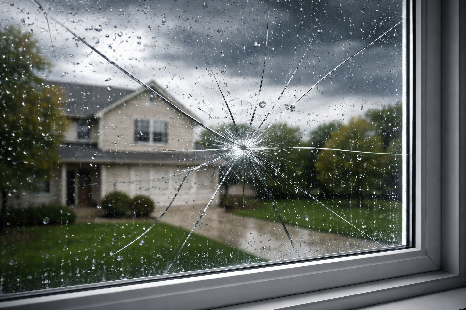Vitrage fissuré encadrant une maison de banlieue et une allée sous de sombres nuages ​​d'orage et la pluie.