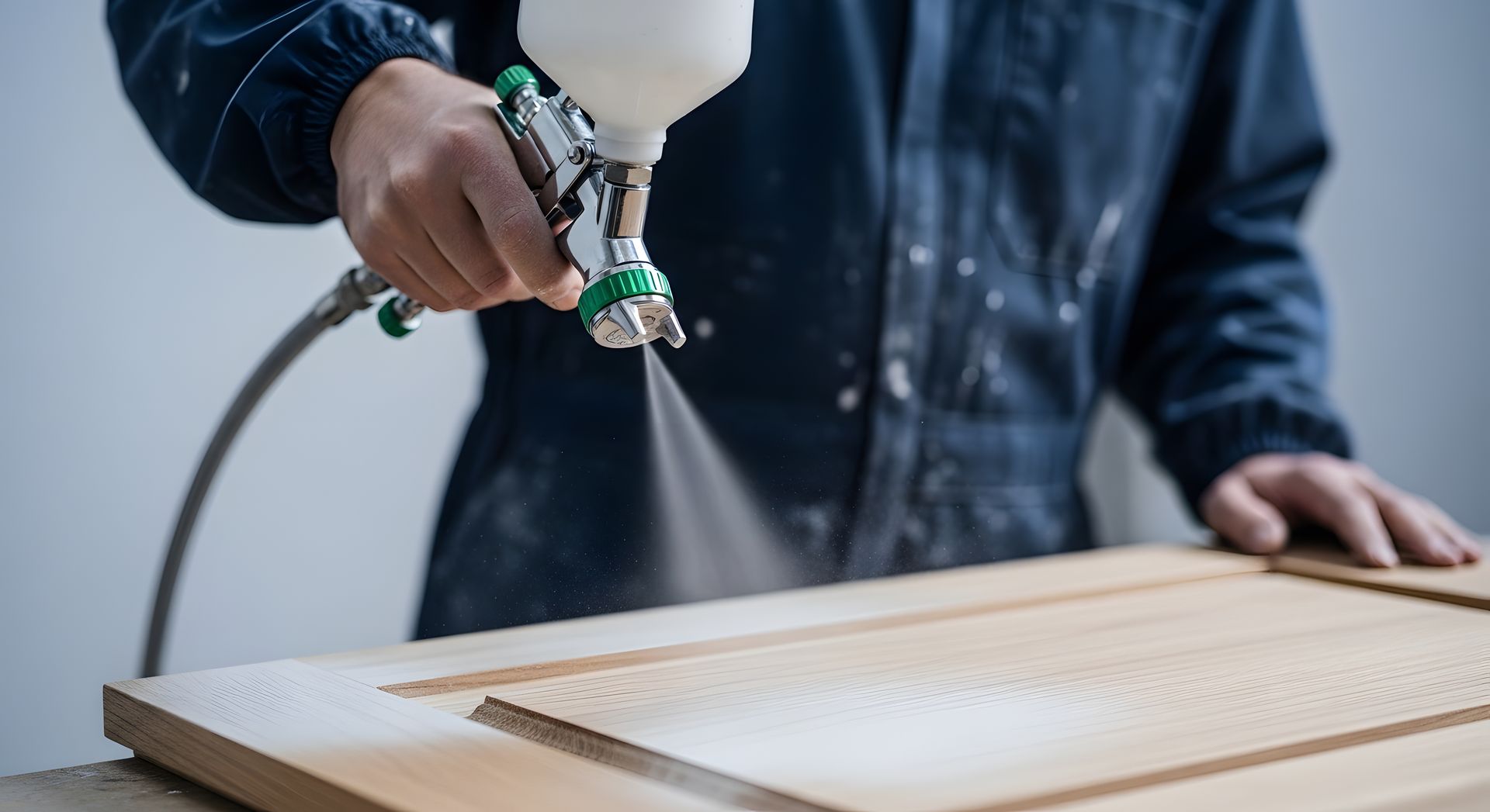 Une personne utilise un pistolet à peinture pour enduire un panneau de bois dans un atelier.