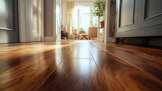 Un couloir en parquet baigné de soleil mène à un salon lumineux avec un fauteuil et une plante d'intérieur.