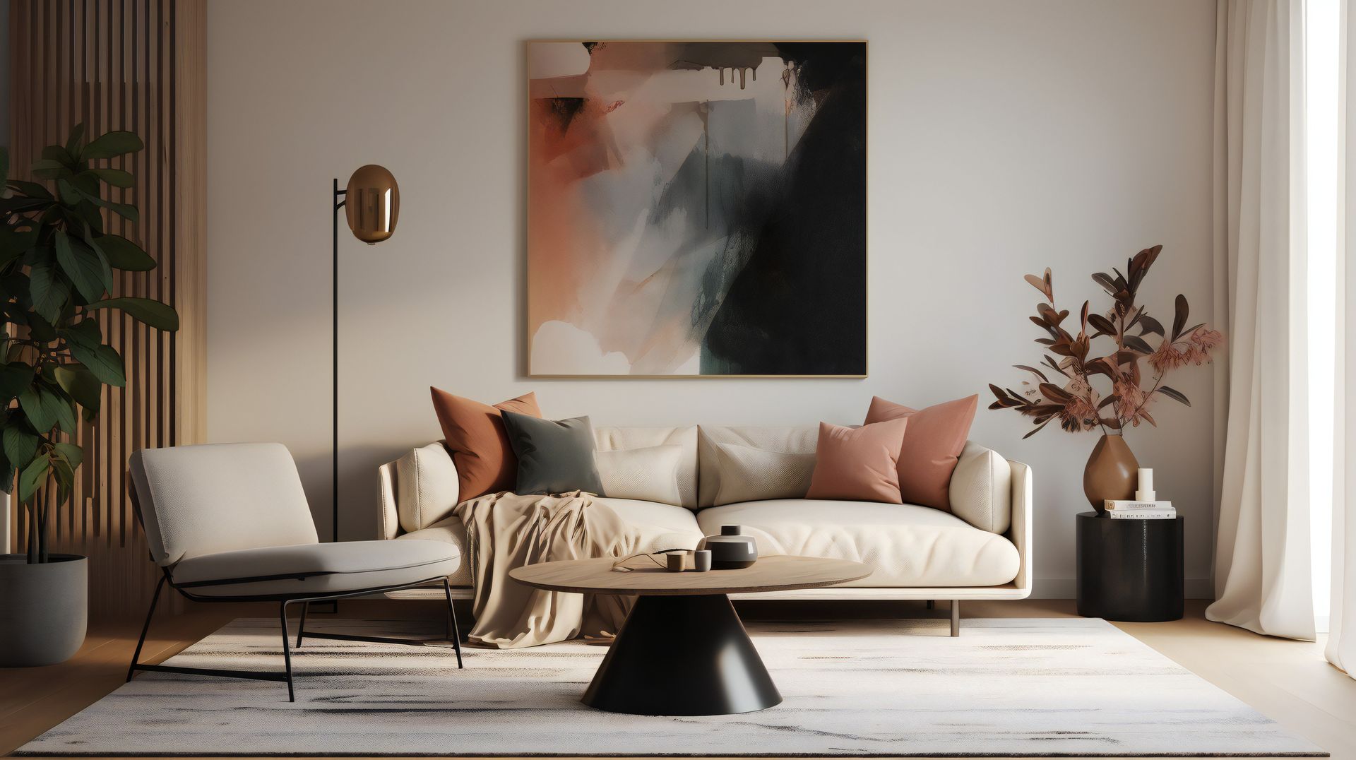 Salon moderne avec canapé beige, art mural abstrait, fauteuils et table basse ronde noire.