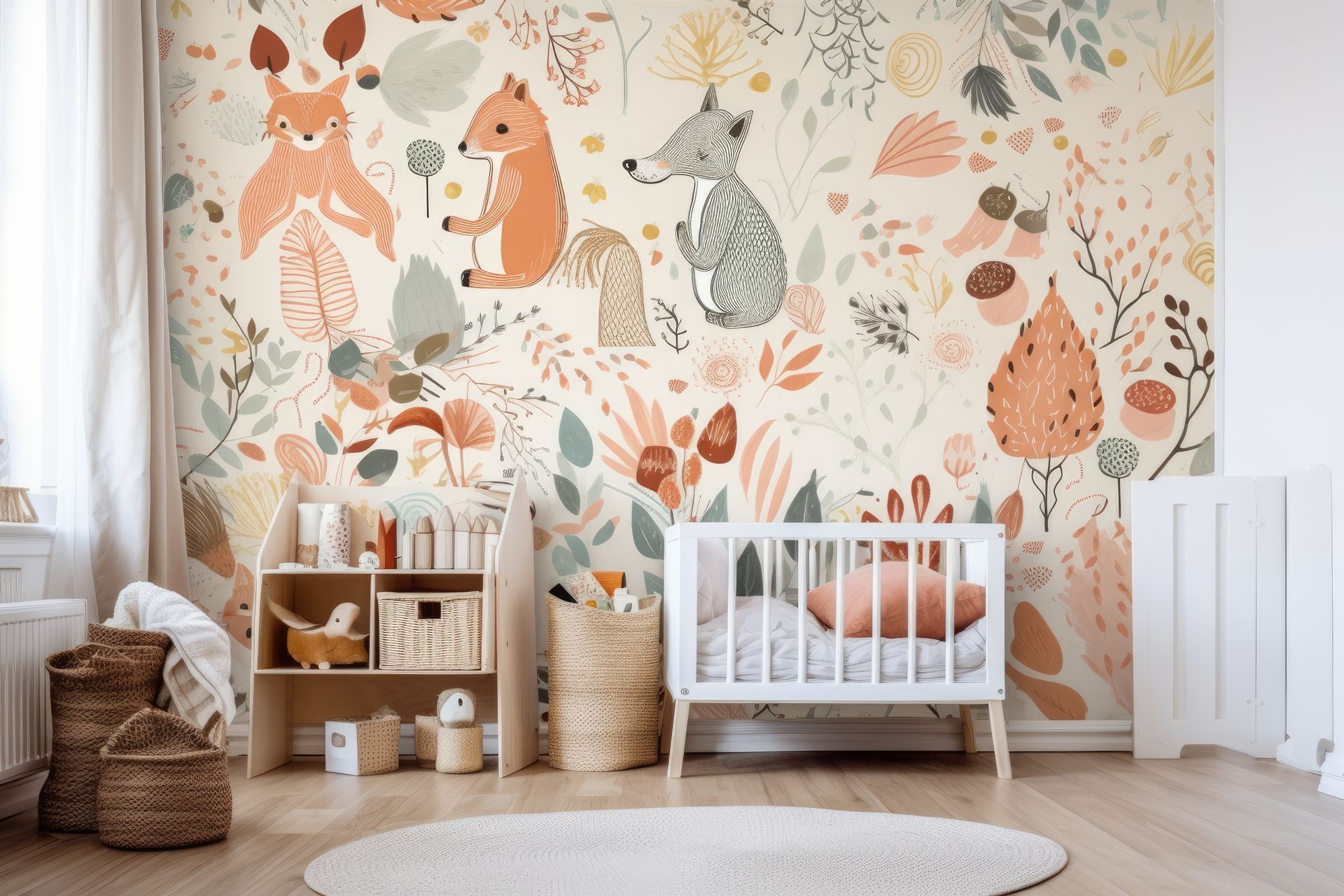 Chambre d'enfant avec fresque murale animalière, berceau blanc, paniers tressés, bibliothèque et décoration aux tons neutres et doux.