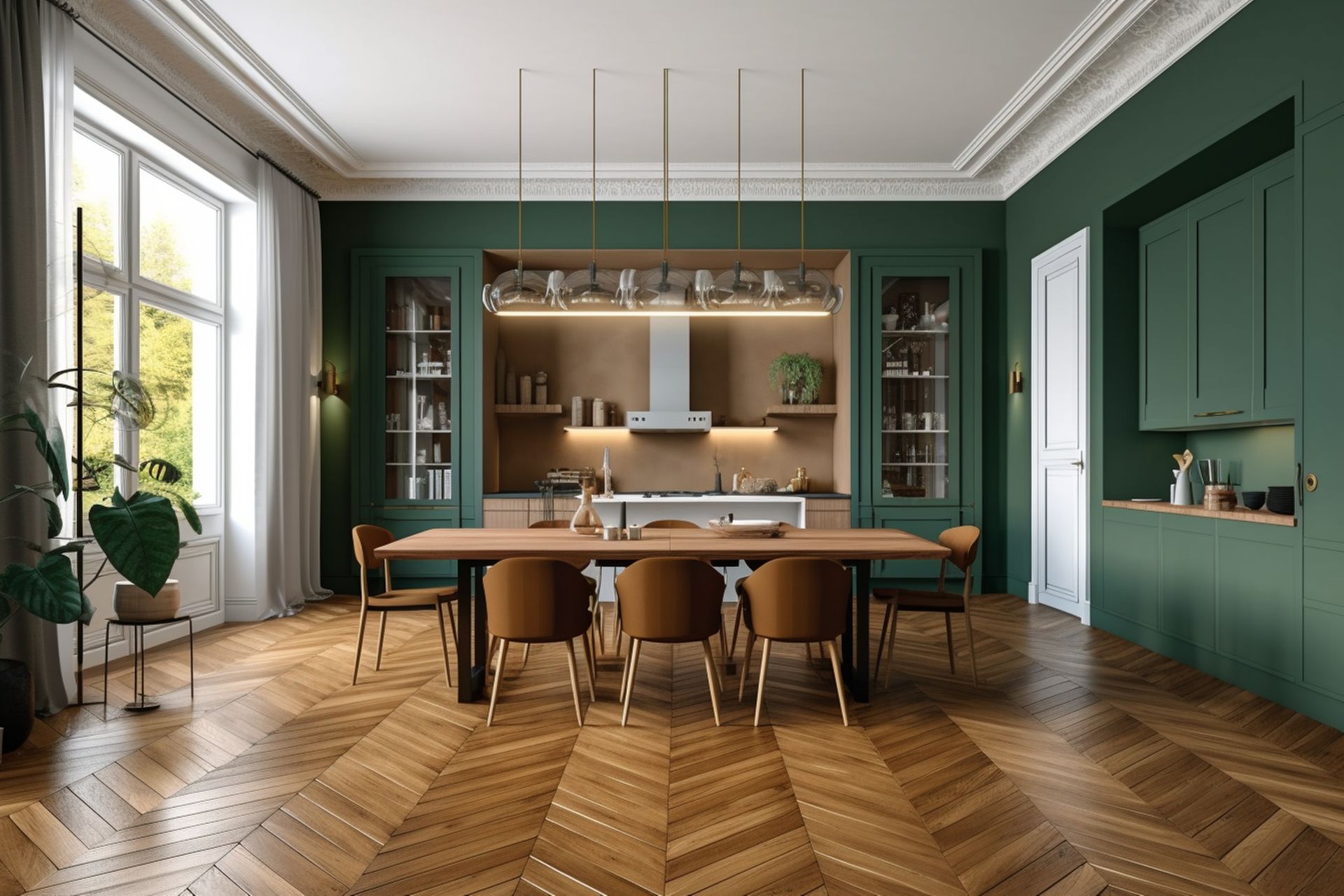 Élégante salle à manger verte avec table et chaises en bois, parquet à chevrons et grandes fenêtres.