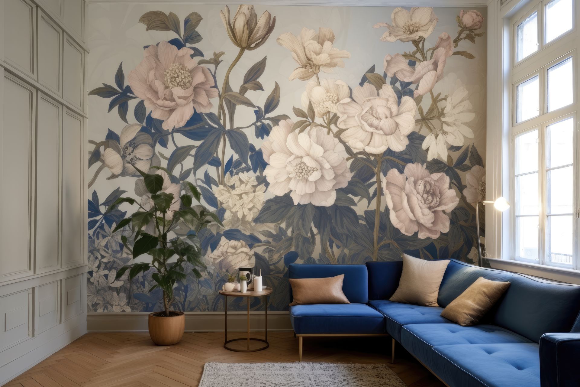 Salon élégant avec canapé d'angle bleu, plante en pot et papier peint mural avec motif floral.