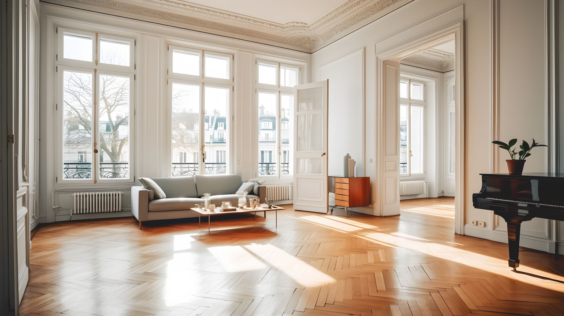 Salon lumineux et ensoleillé avec de hautes fenêtres, canapé gris, parquet, piano et miroir.