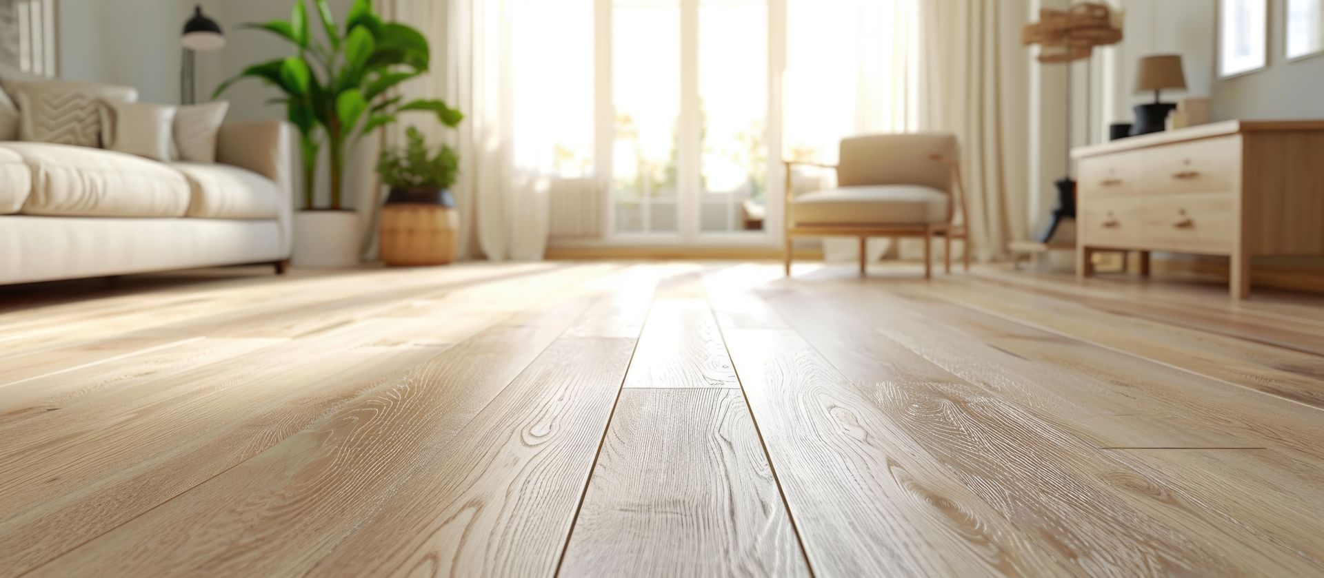 Salon lumineux avec du soleil, parquet, canapé, plante et fauteuil près d'une fenêtre.