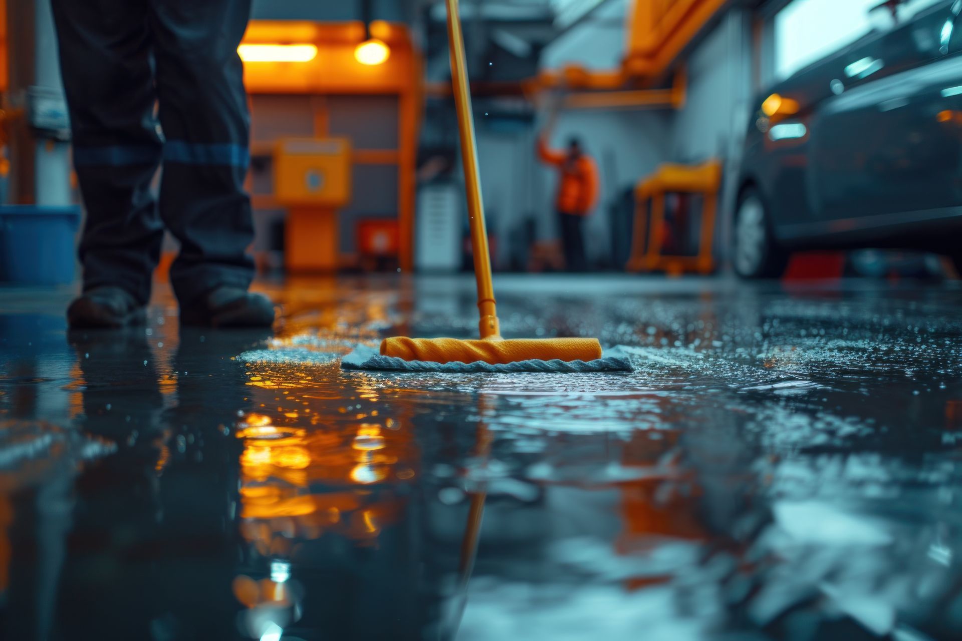Une personne passe la serpillière sur le sol mouillé d'un garage, la lumière orange se reflétant sur les flaques d'eau.