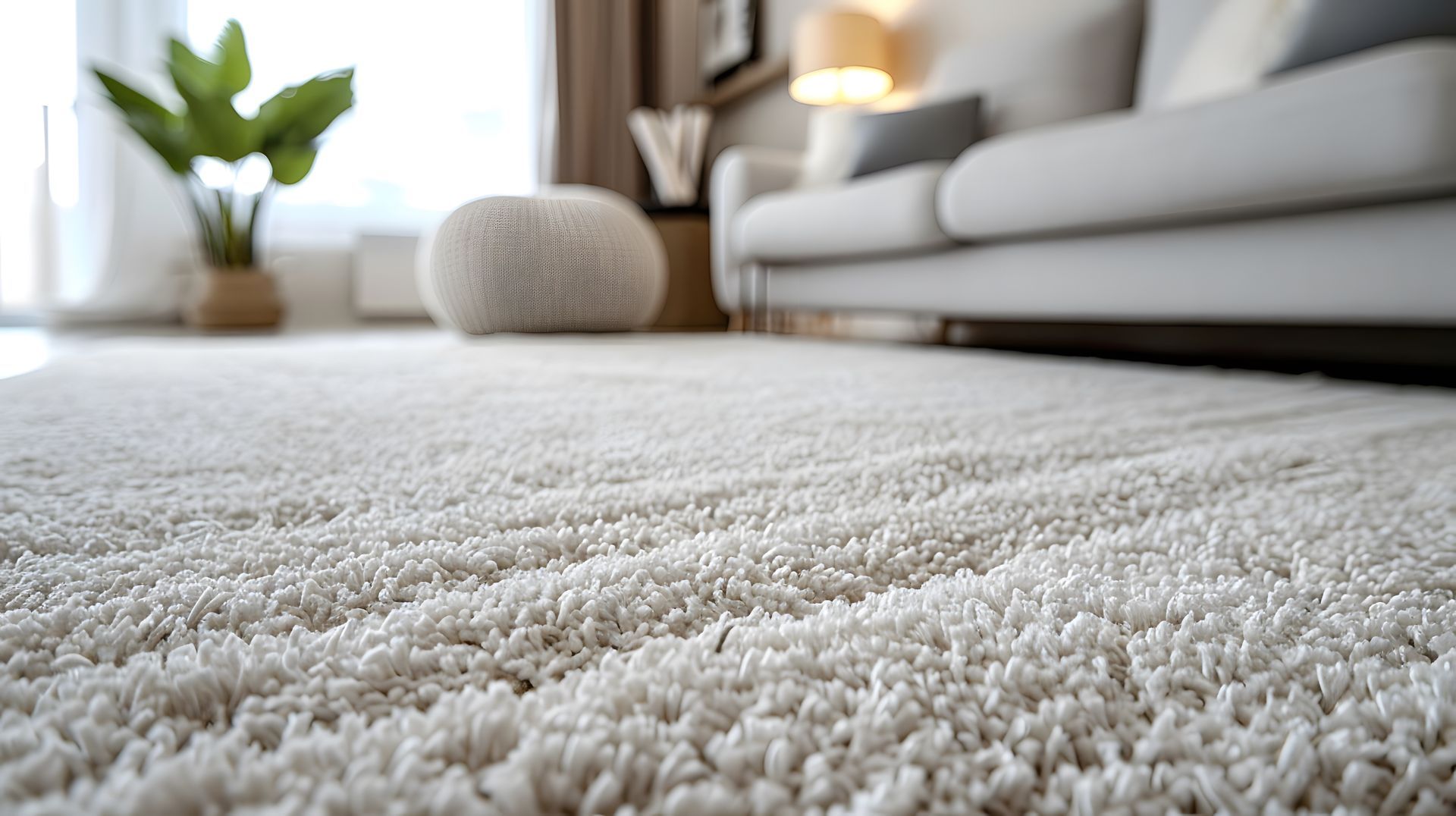 Tapis à poils longs blanc et doux dans un salon moderne avec un canapé, une plante et une lampe en arrière-plan.