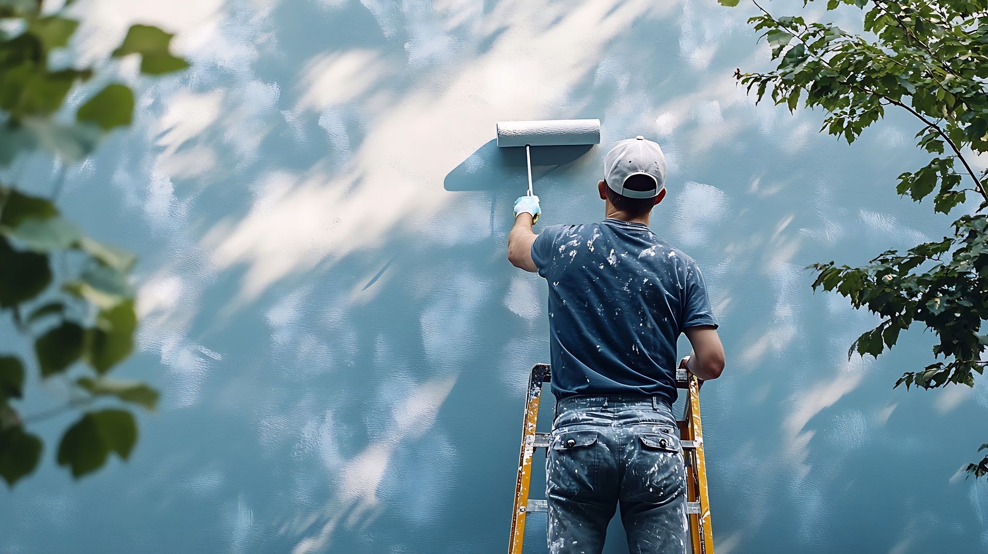 Peintre utilisant un rouleau pour peindre un mur extérieur en bleu, vu de dos.