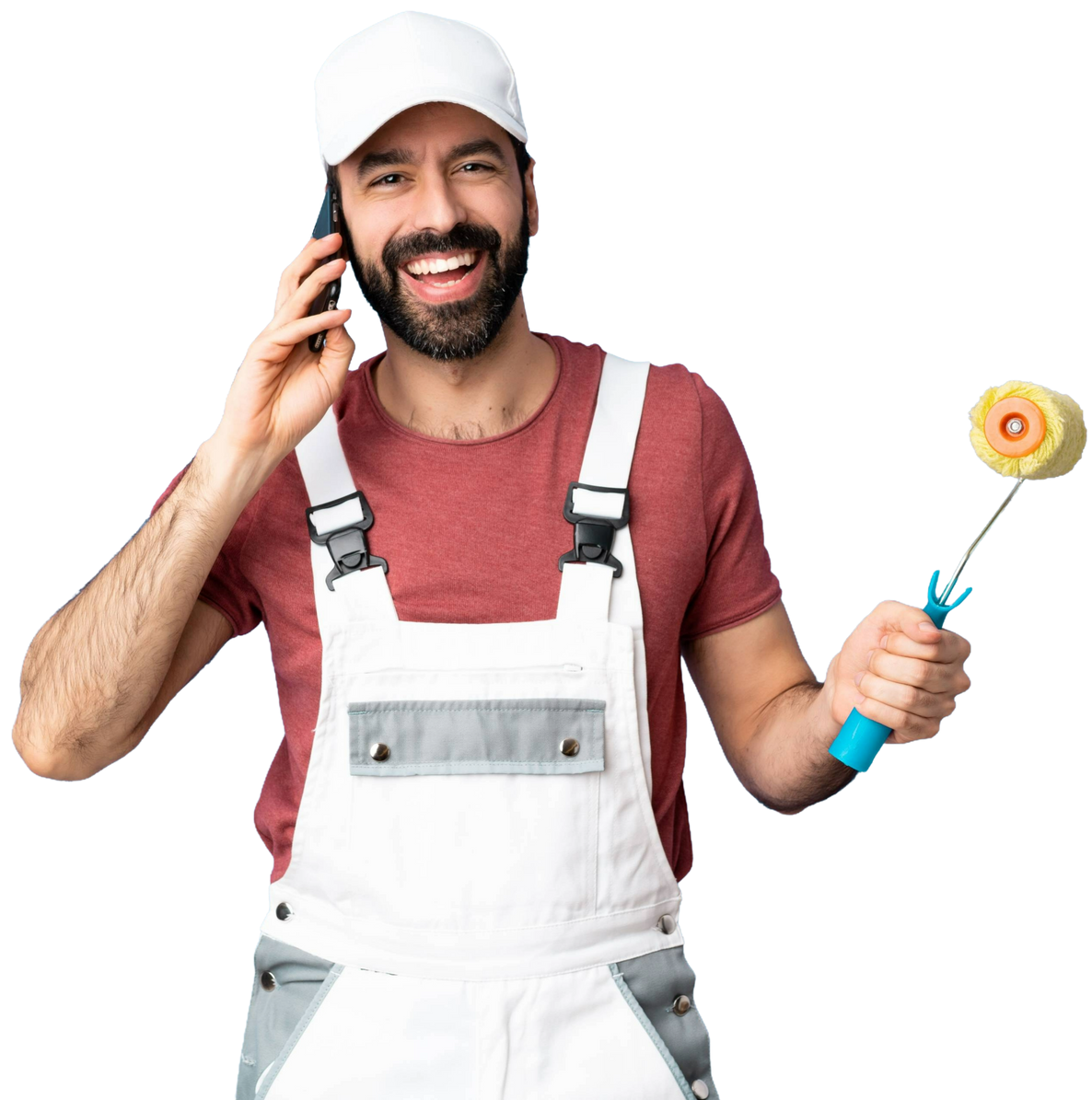 Un homme qui tient un rouleau de peinture et un téléphone.