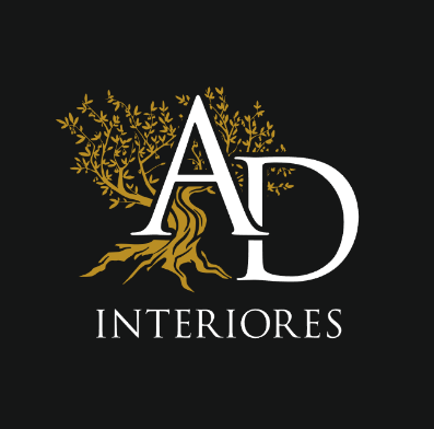 Logotipo dorado de AD Interiores con un árbol estilizado sobre un fondo negro.