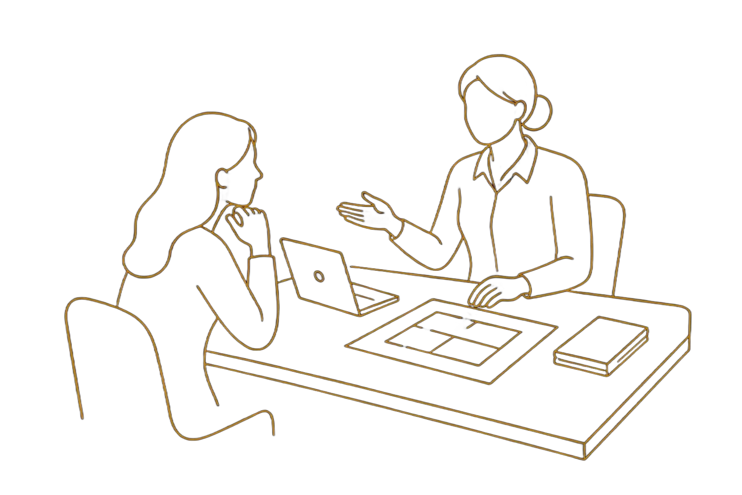 Dos personas en una reunión, una frente a la otra, discutiendo documentos y una computadora portátil.