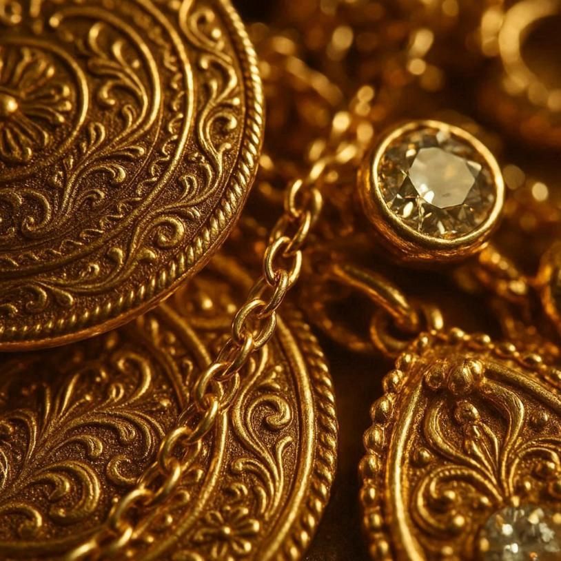 Primer plano de una elaborada joya de oro con intrincados trabajos de filigrana y piedras preciosas brillantes.