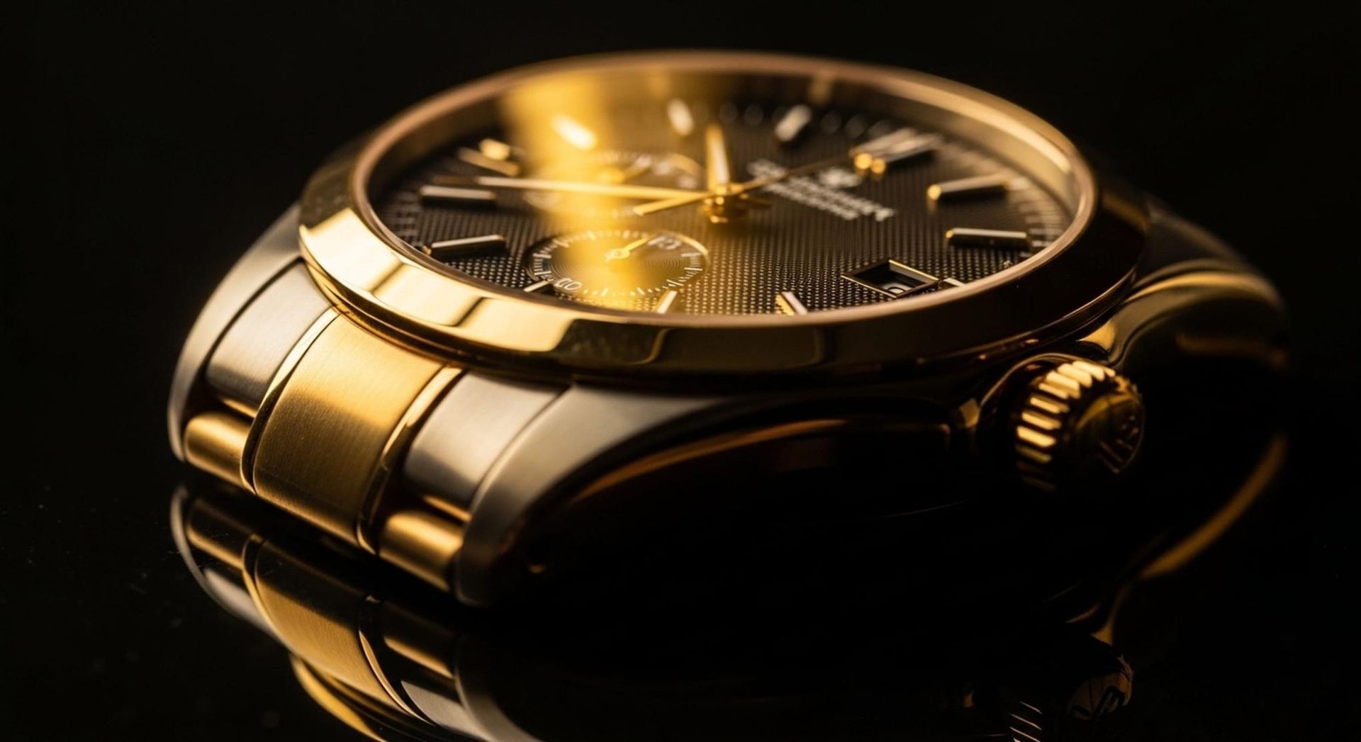Reloj de pulsera de lujo dorado sobre fondo oscuro, iluminado con reflejos cálidos.