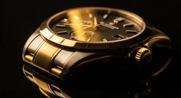 Reloj de pulsera de lujo dorado sobre fondo oscuro, iluminado con reflejos cálidos.