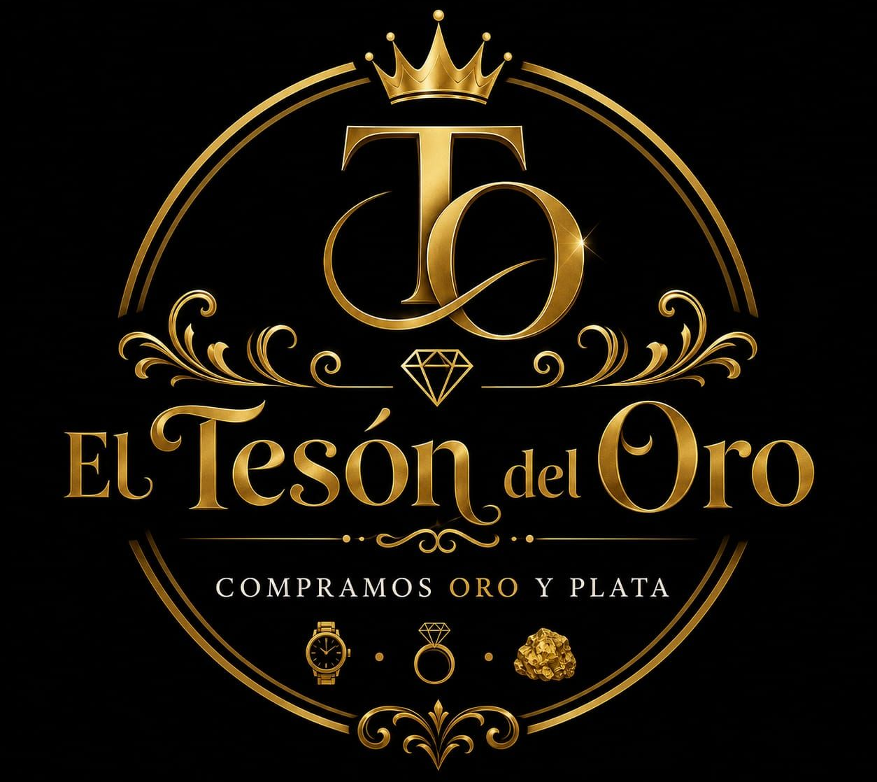 Gold logo for “El Tesón del Oro” with crown and diamond emblem, and text “Compramos oro y plata”