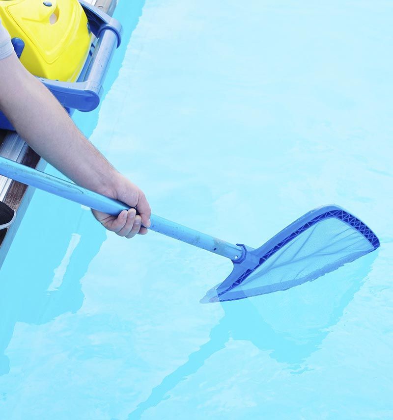 Una persona está limpiando una piscina con una red.