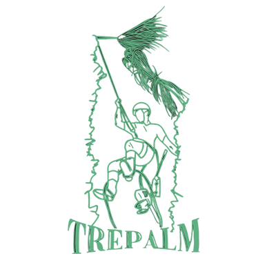 Un logotipo de Trepalm muestra a un hombre trepando a un árbol.