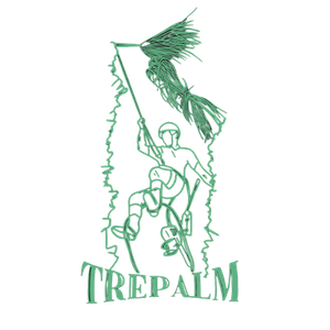 Un logotipo de Trepalm muestra a un hombre trepando a un árbol.