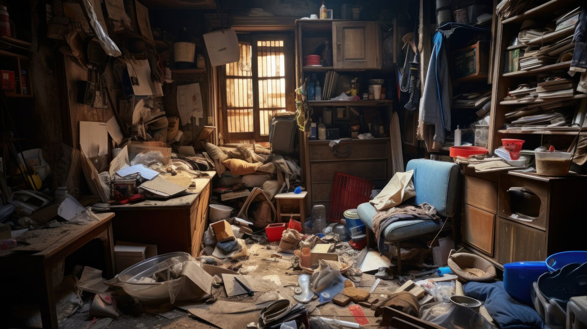 Pièce de vie d'une maison jonchée de déchets et vieux objets en tout genre