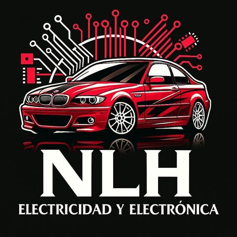 Coche deportivo rojo con gr&aacute;ficos de circuito en la parte superior y el texto &ldquo;NLH Electricidad y Electr&oacute;nica