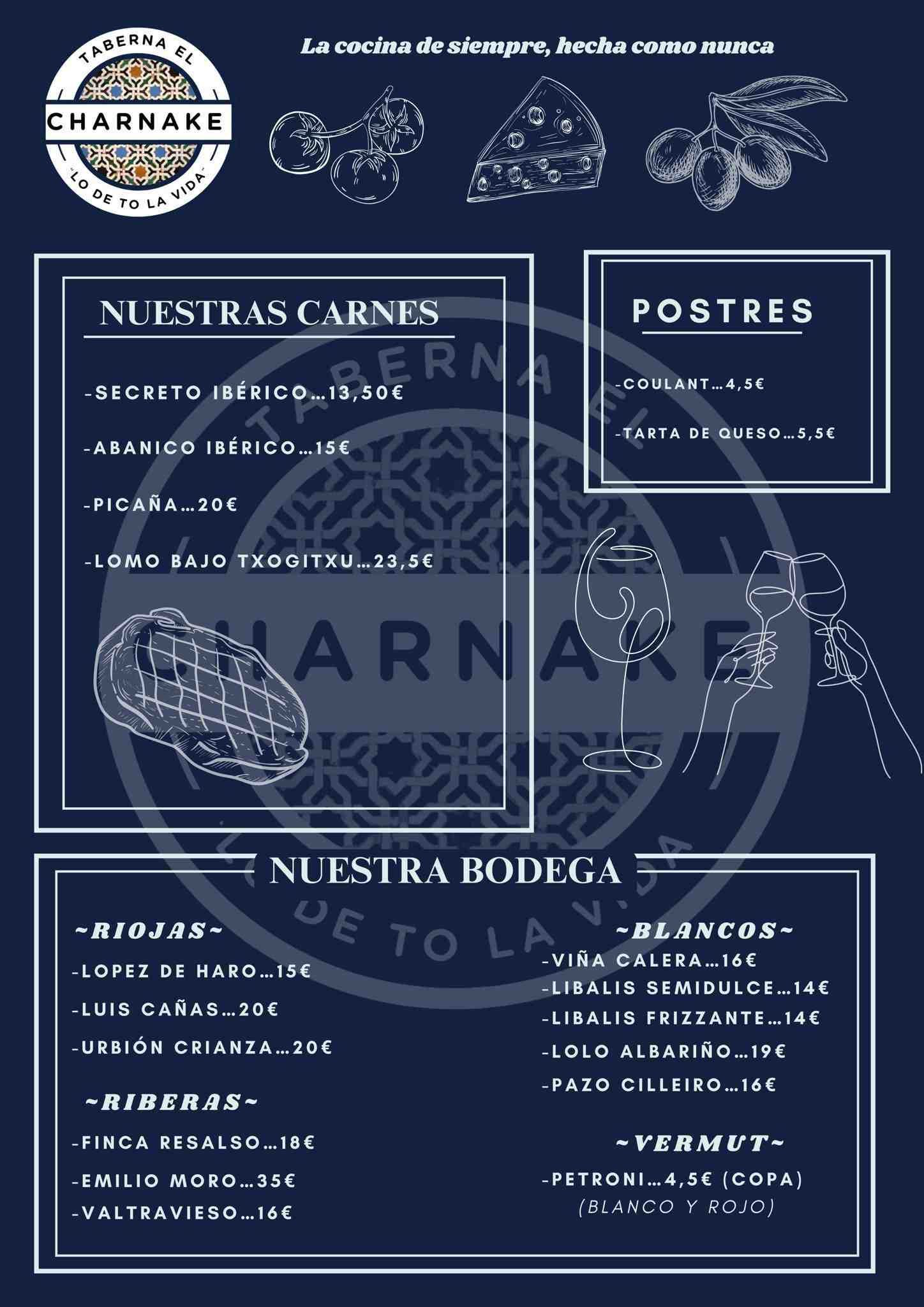 Carta con apartados para carnes, postres y vinos, con dibujos.