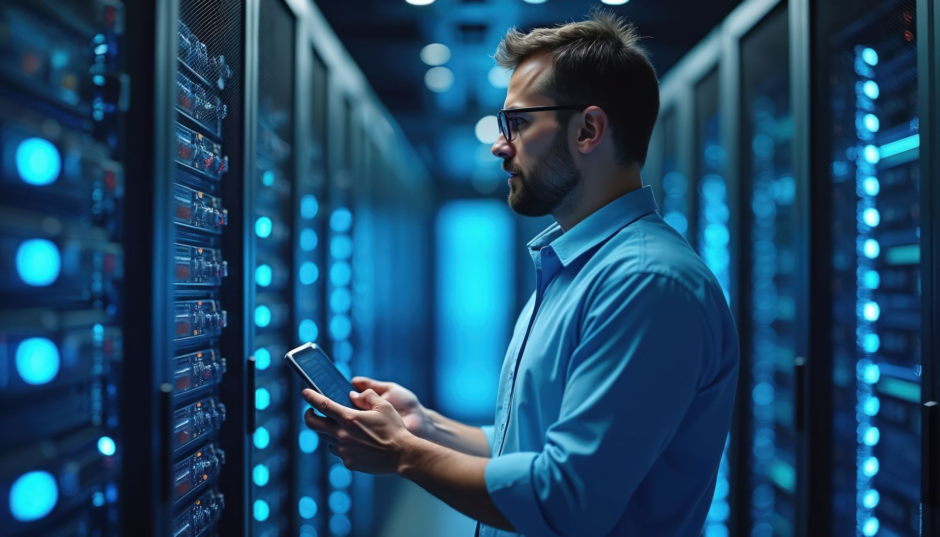 Un homme qui vérifie des serveurs