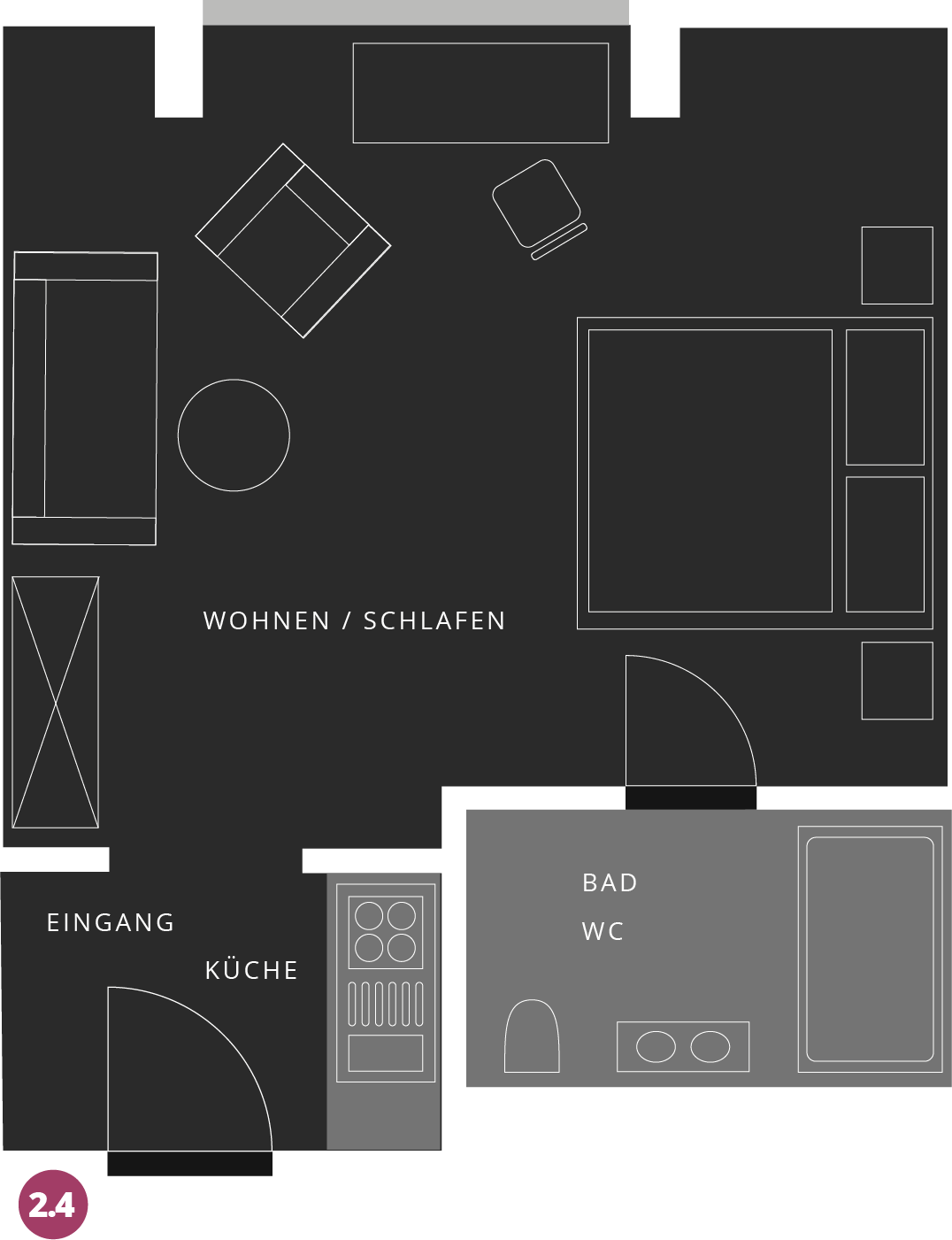 Ein schwarz-weißer Grundriss mit der Zahl 24 unten