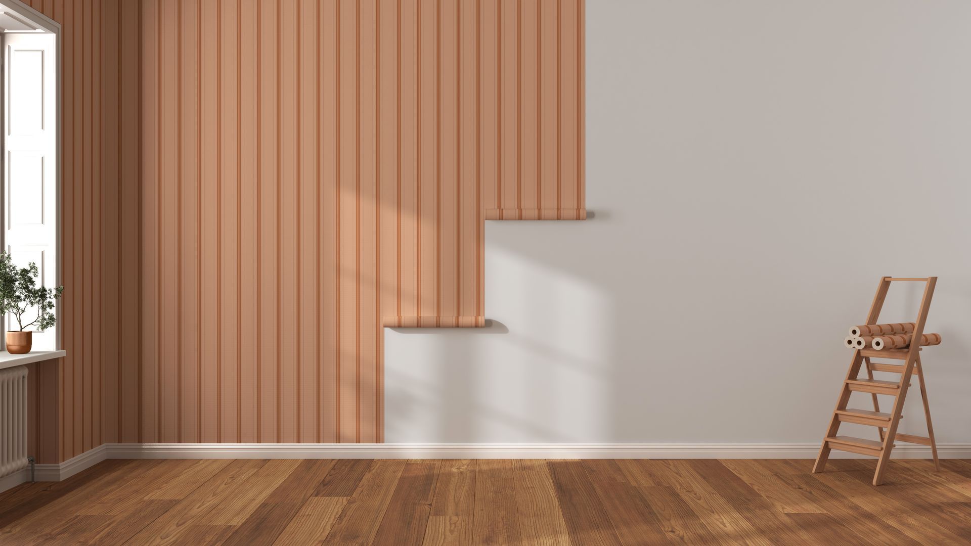 Ein leerer Raum mit Holzvertäfelung an der Wand und einer Leiter.