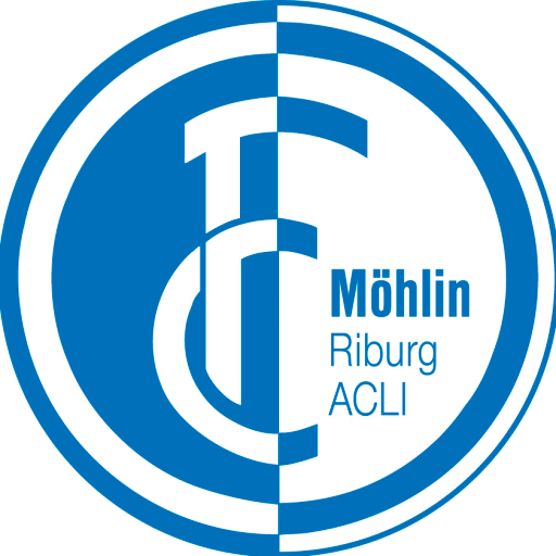 Ein blau-weißes Logo mit der Aufschrift „Mühlin Riburg Acli“
