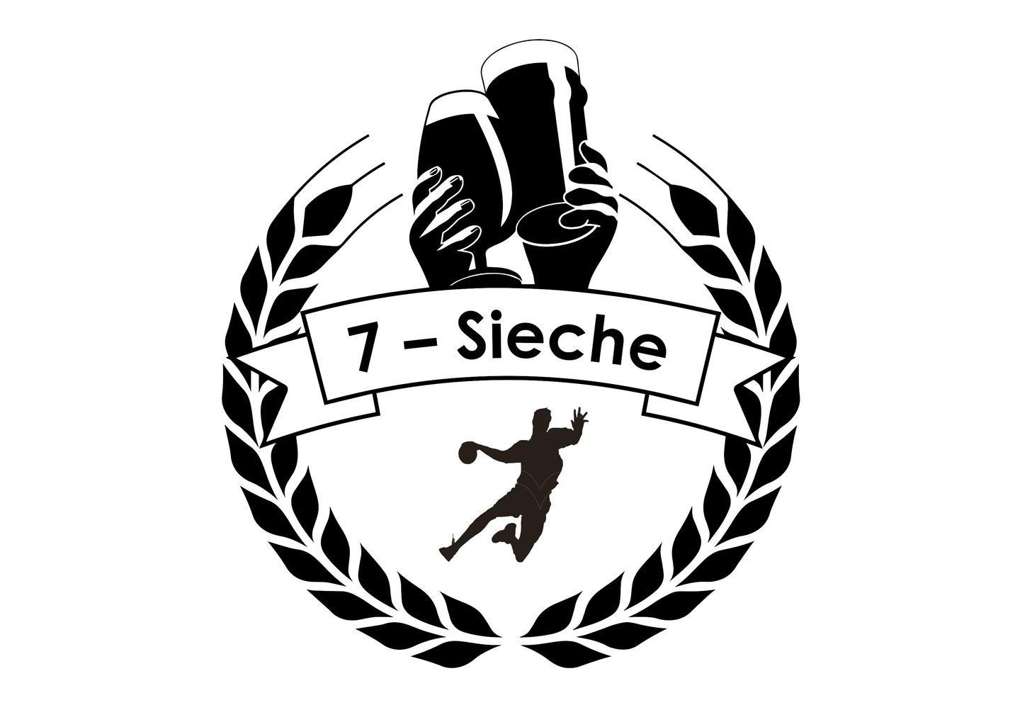 Ein schwarz-weißes Logo mit Lorbeerkranz und Handballspieler
