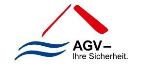 Ein Logo für AGV – Ihre Sicherheit mit rotem Dach und blauen Wellen.