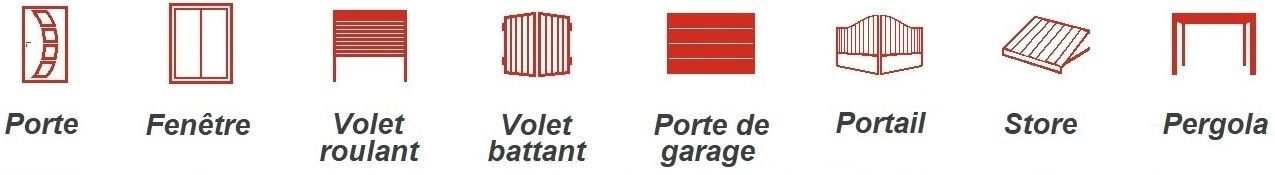 Les éléments extérieurs d'une maison : porte, fenêtre, volet roulant, volet battant, porte de garage, portail, store et pergola.