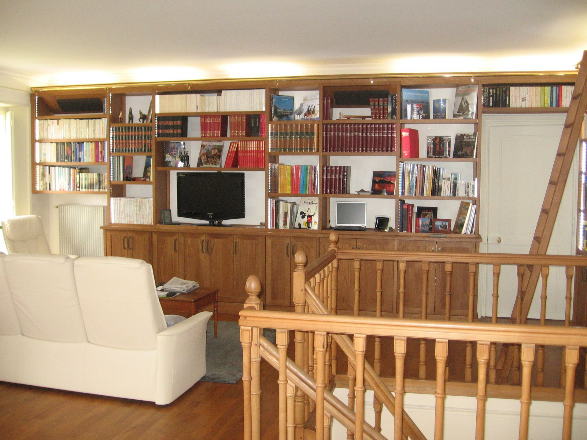 Le salon comprend un grand meuble mural en bois avec des étagères intégrées, une télévision et une échelle de bibliothèque coulissante.