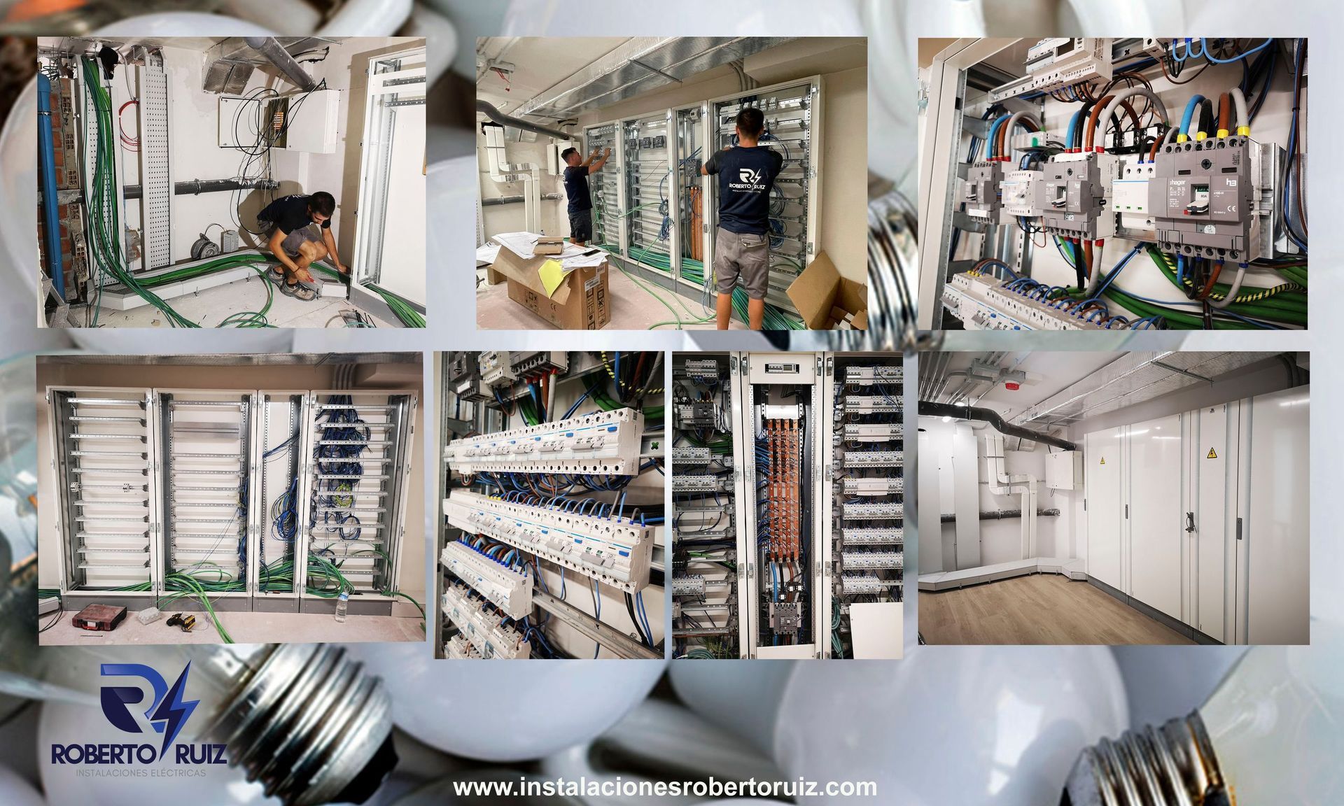 Un collage de imágenes de un hombre trabajando en un sistema eléctrico.