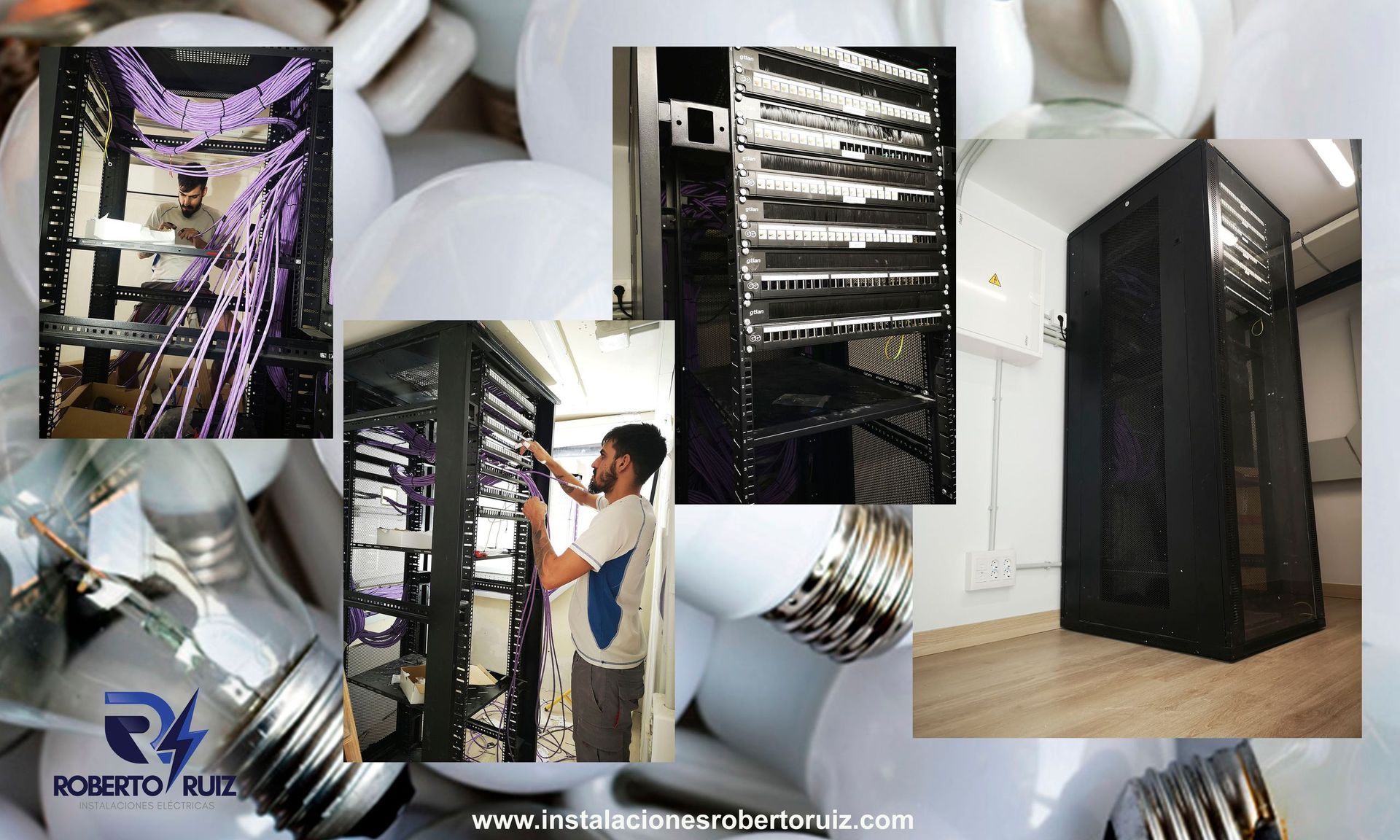 Un collage de fotografías de un hombre trabajando en un servidor.