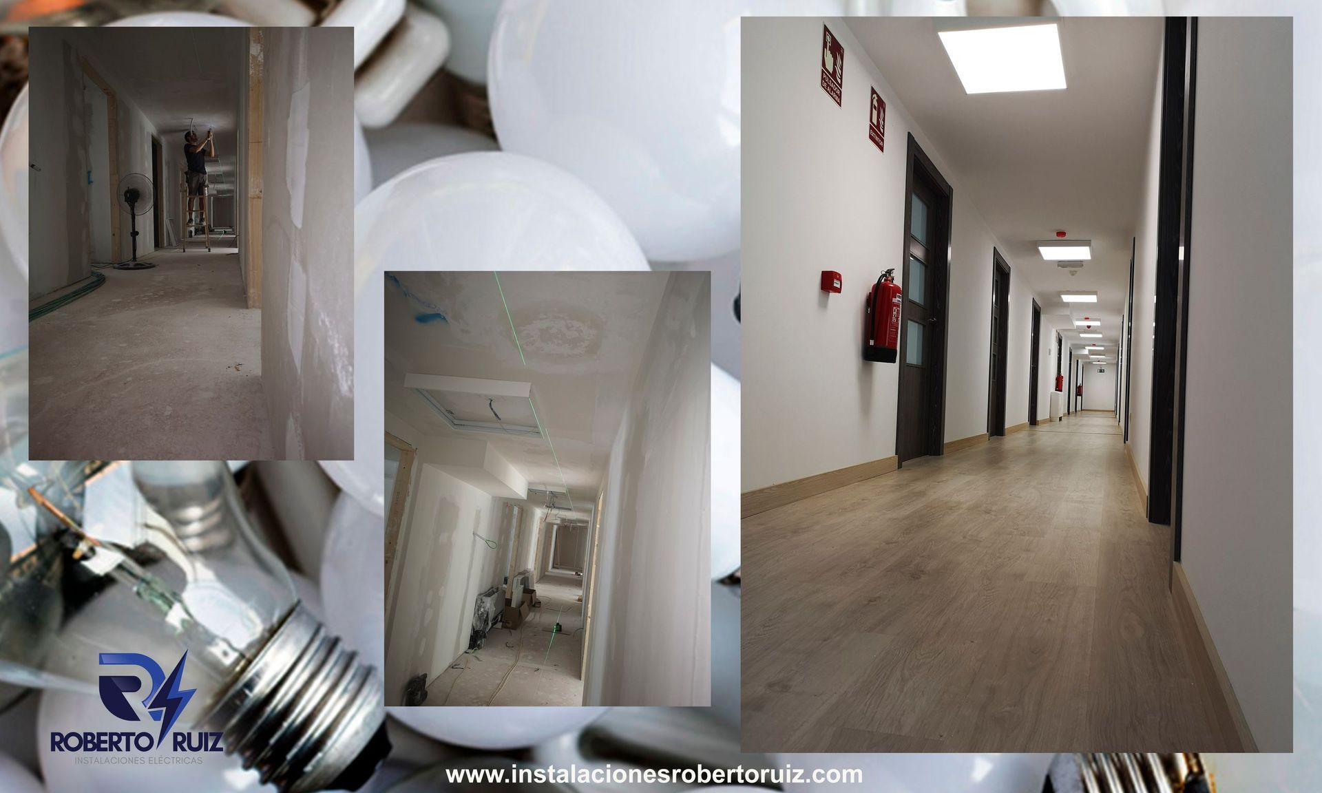 Un collage de imágenes de un pasillo y una bombilla.