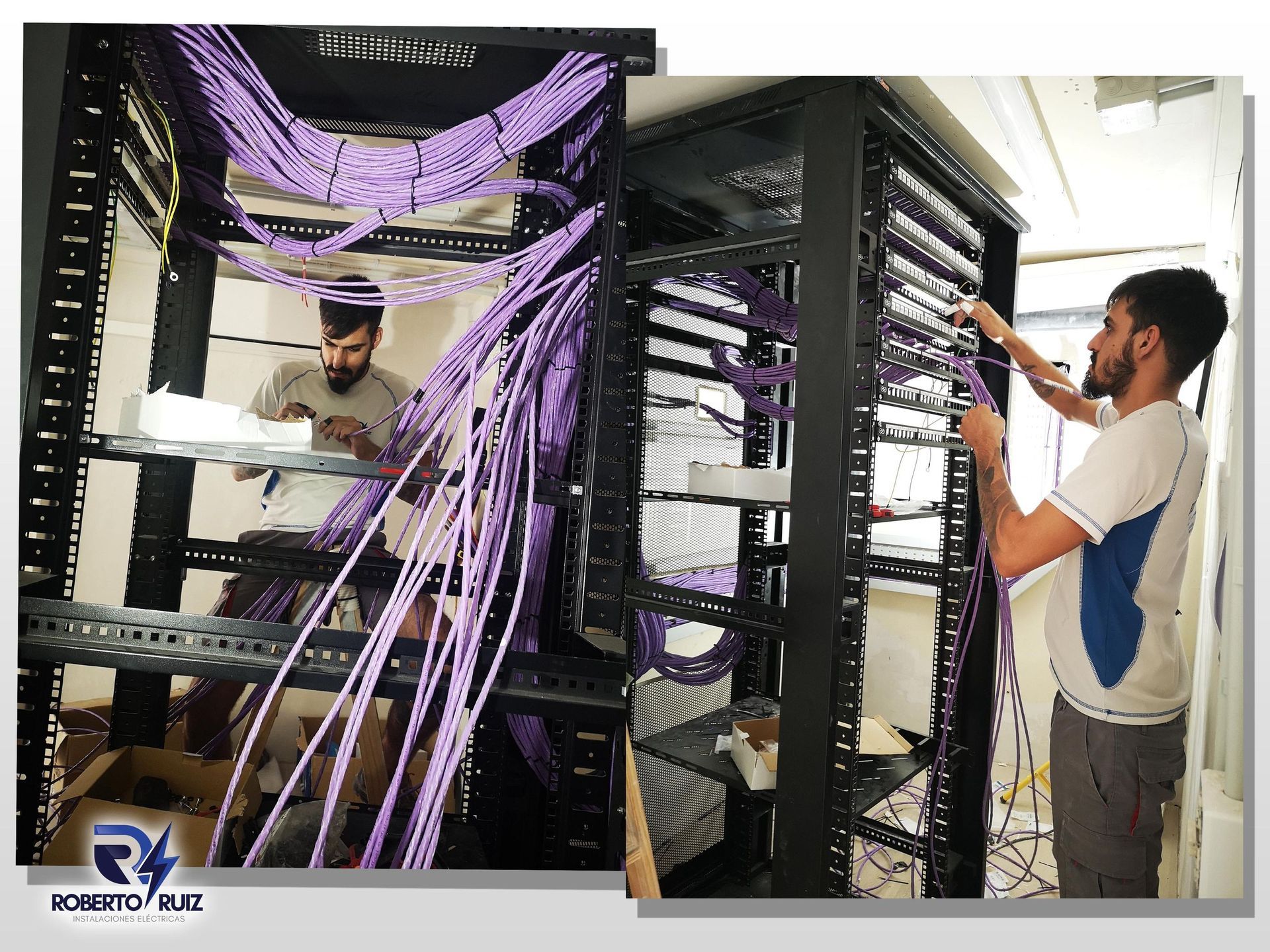 Un hombre está trabajando en un rack de servidores con cables morados.